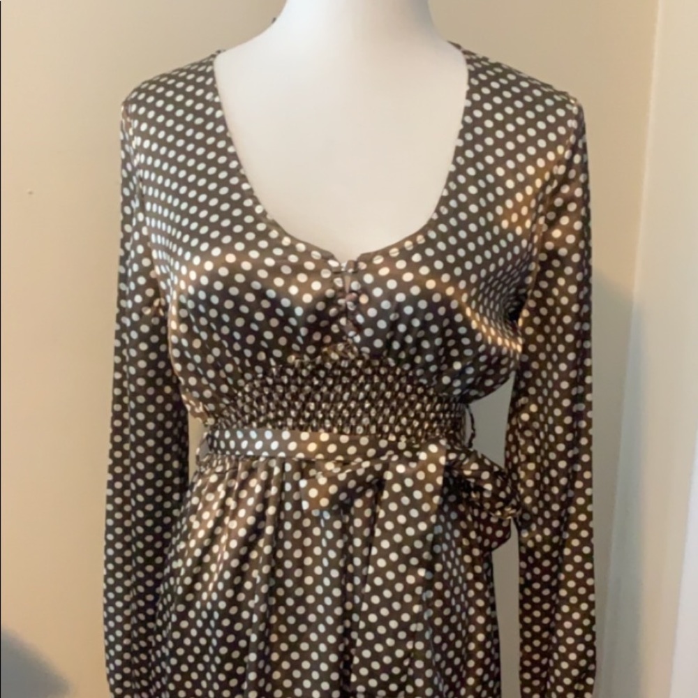 Bcbg brown and off white polka dot silk dress